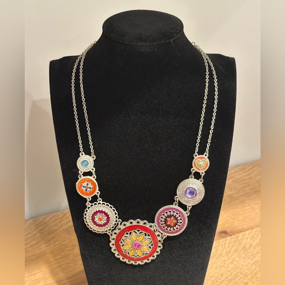Multicolor Floral Medallion Statement Necklace - … - image 1
